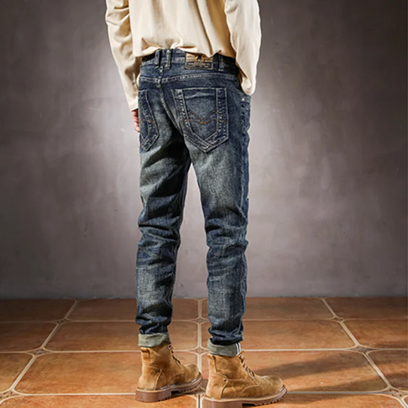 Streetwear Men Autumn and Winter New Pattern Self-cultivation Elastic Force Blue Pencil Pants Recreational Ripped Jeans Female