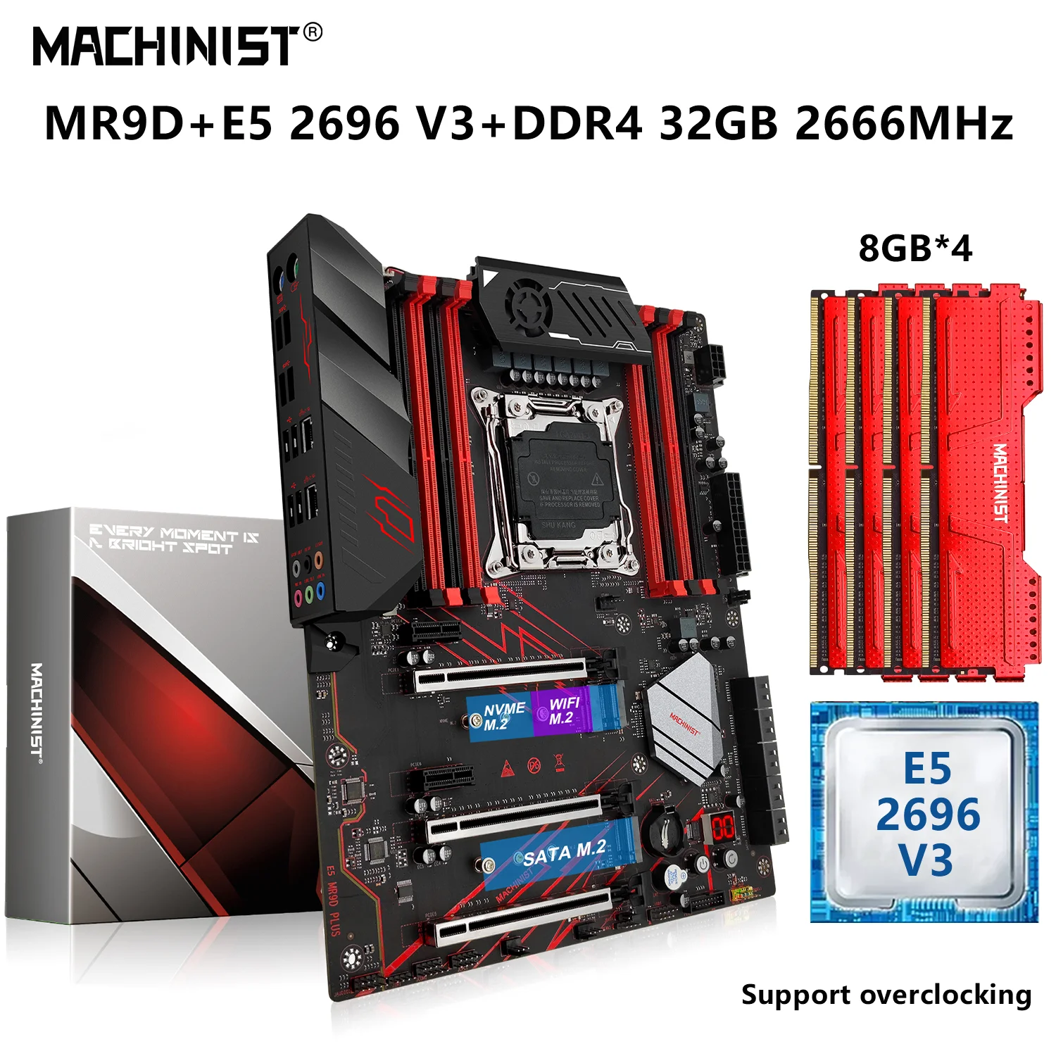 

Комплект материнской платы MACHINIST MR9D Xeon E5 2696 V3, ЦПУ процессор LGA 2011-3 с 32 ГБ = 4x8 Гб DDR4 2666 МГц ОЗУ USB 3,0 NVME M.2 SATA