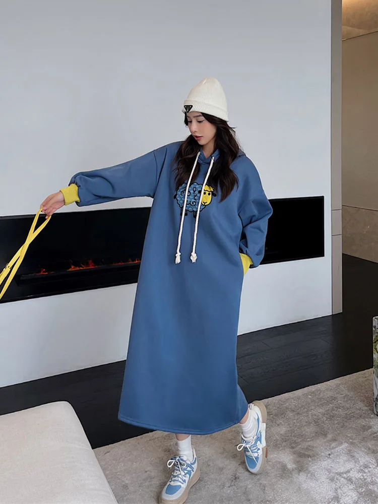 

2023 Autumn Winter Korean Fashion Long Sleeve Woman Dress Casual Loose Plus Size Hooded Hoodies Cuffs Fleece Maxi Long Dresses
