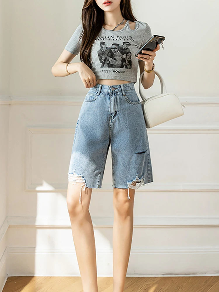 Streetwear Women Retro Hole Frayed Loose Blue Denim Shorts Spring Summer Female High Waist Button Jeans Shorts Bottoms