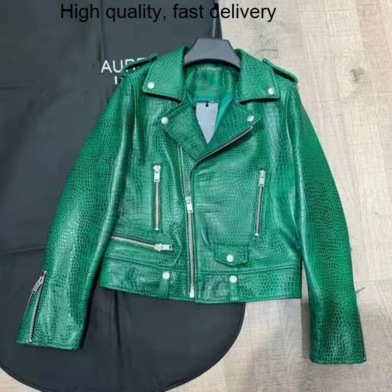 

100% Real Female Sheep Leather Turn-down Collar Slim Short Outwear Spring Autumn Green/Black Zipper Motor Biker Jacket For Women