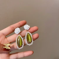 luxury green opal pearl resin flower drop stud earrings charm elegant design white flower pendant womens party jewelry