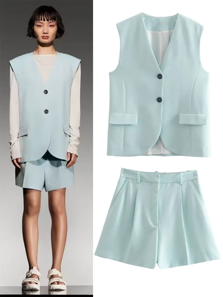

Летние новые женские модные Универсальные безлацканы комплект жилет + плиссированные Дизайнерские повседневные шорты с высокой талией