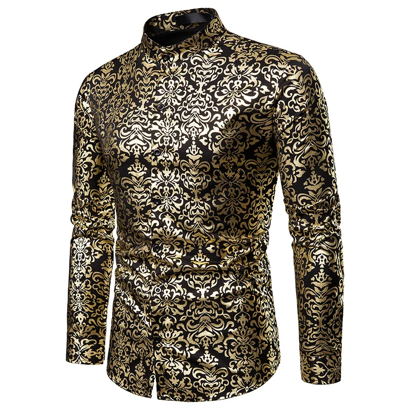 

Men Hipster Luxury black gold Bronzing Printed Slim Long Sleeve Dress Shirt wedding Night club party Singer stage Shirts