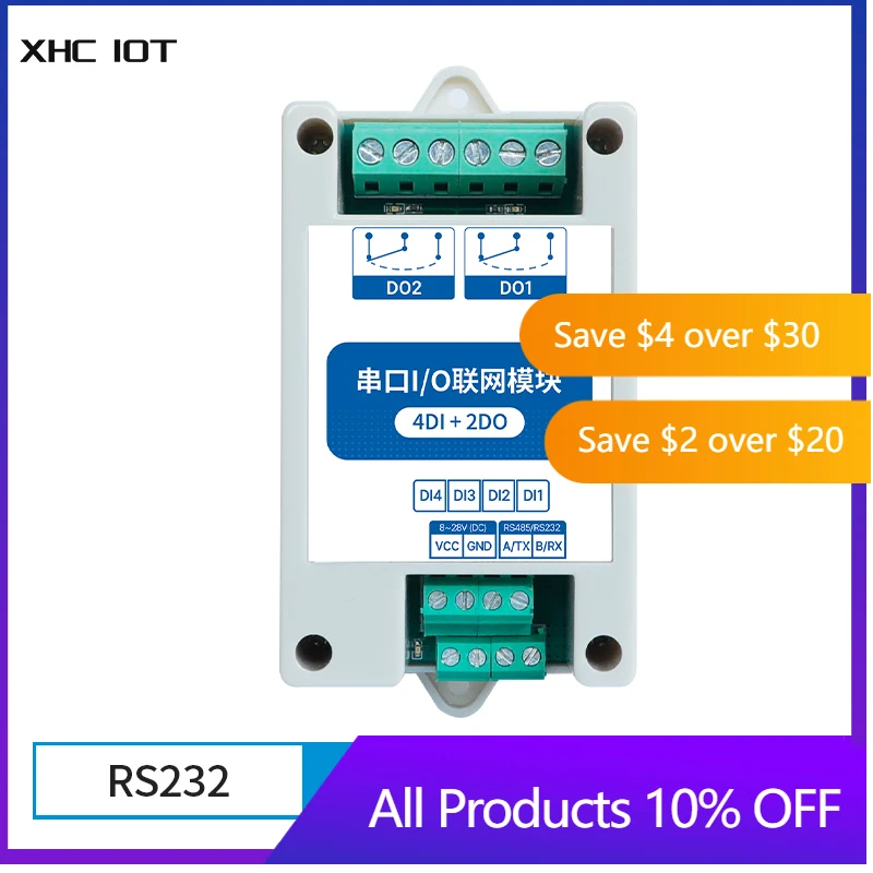 

4DI+2DO RS232 Modbus RTU Industrial Grade Serial Port I/O RS232 Interface 8~28VDC XHCIOT MA02-AXCX4020 Rail Installation