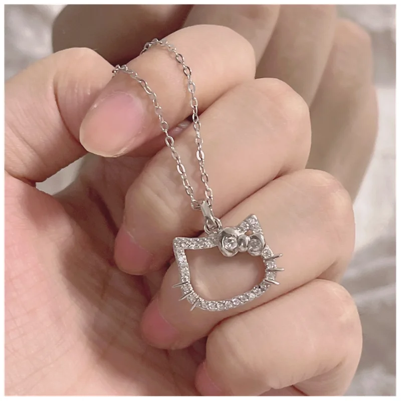 

Anime New Hello Kitty Kawaii Necklace Anime Character Sanrio Ring Couple Silver Clavicle Chain Ladies Birthday Toys Gifts
