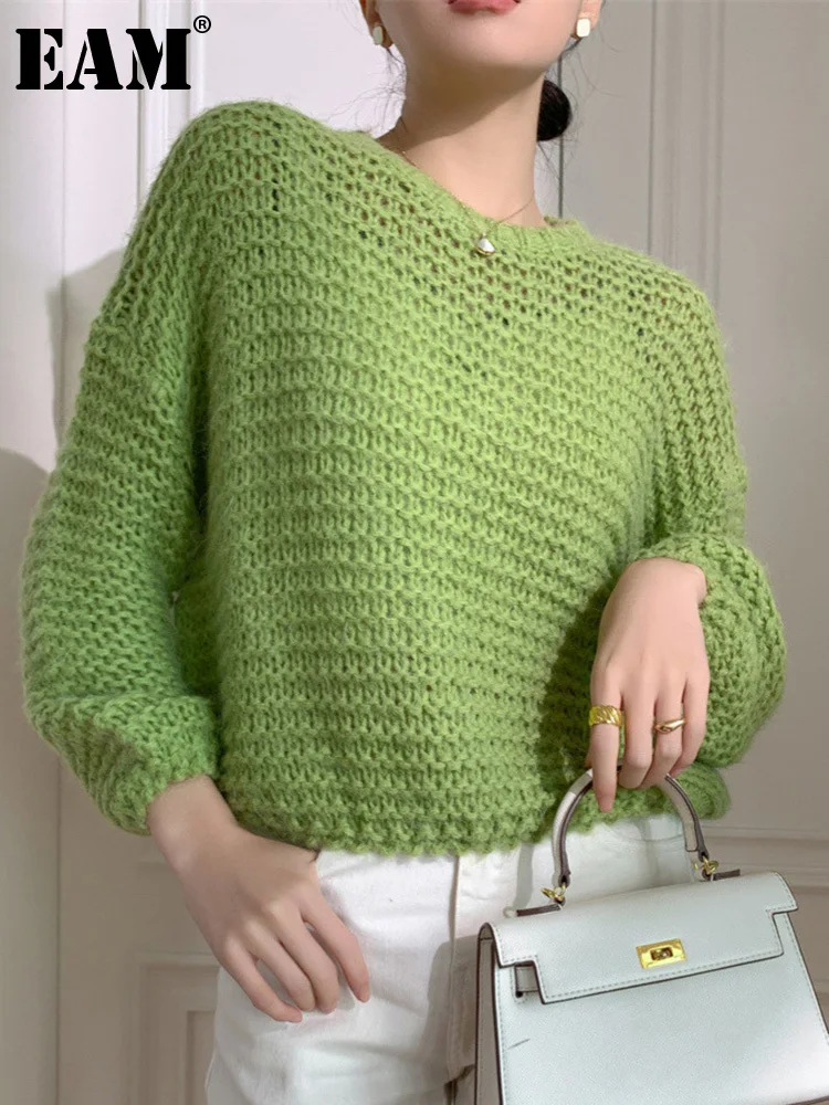 

[EAM] Зеленый Большой размер вязаный свитер свободный крой круглый вырез длинный рукав женские пуловеры новая мода весна осень 2023 1DF4407