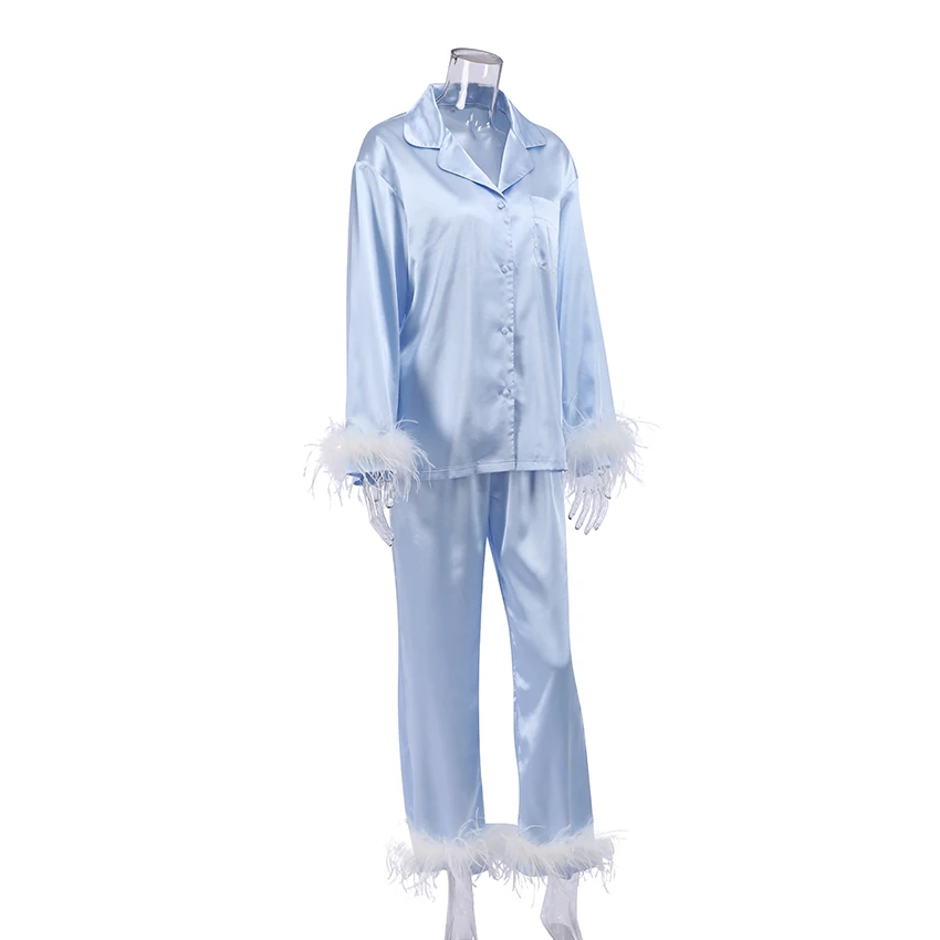 Home Clothes Spring and Summer  Fashion INS Ostrich Feather Pajamas Set 2023 Simulation Silk Ice  Ladies