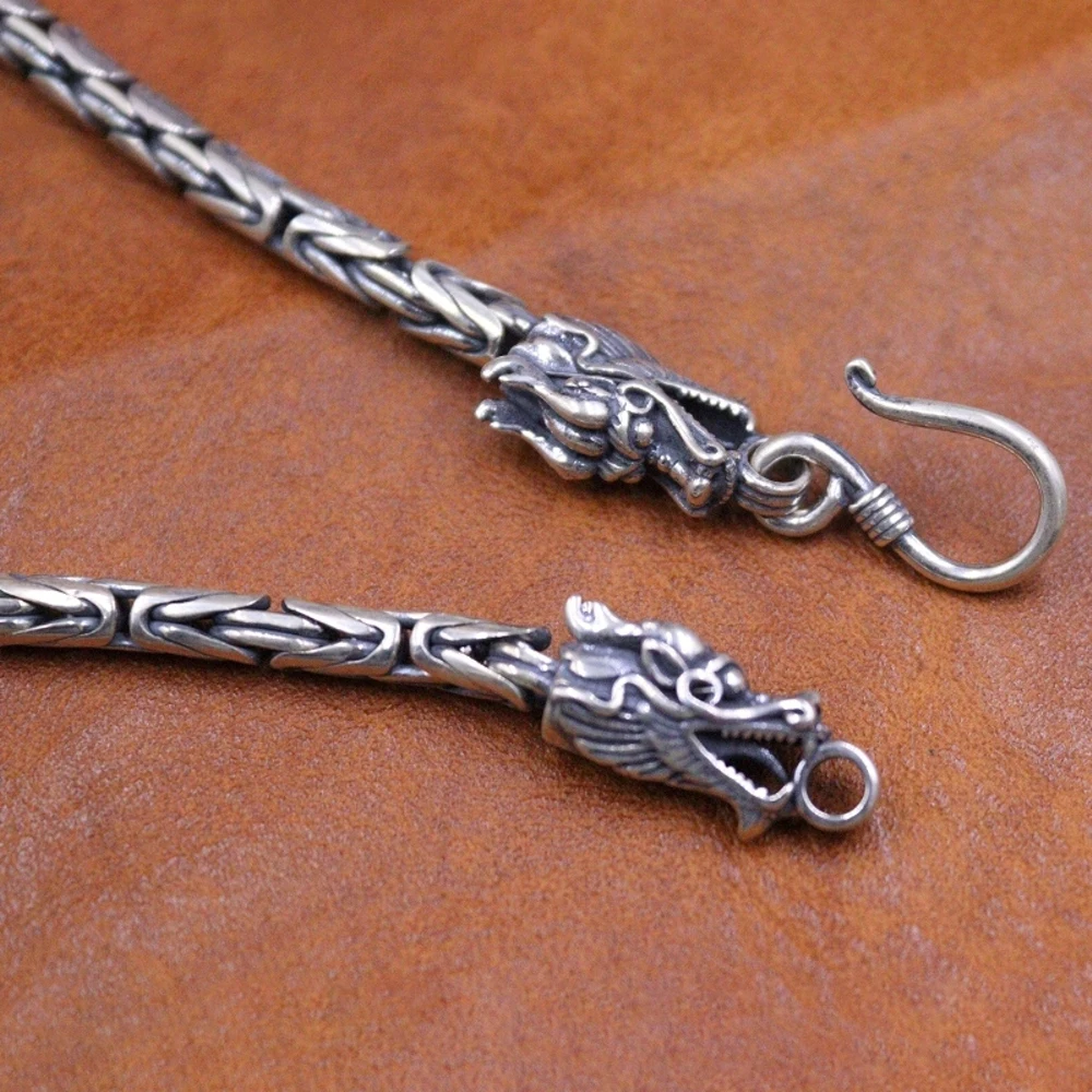 Настоящая твердая кожа серебряная цепочка мужской браслет с головой дракона
