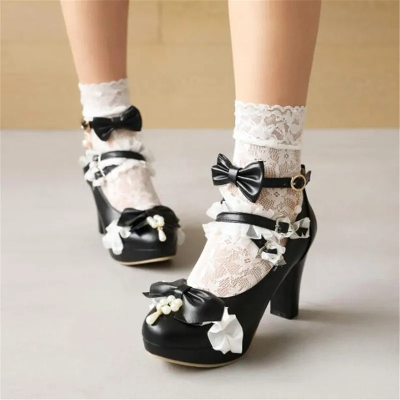 Sweet Lolita Shoes For Girls Vintage Round Head High Heel 10.5cm Cute Bowknot Kawaii Shoes Pearl Children