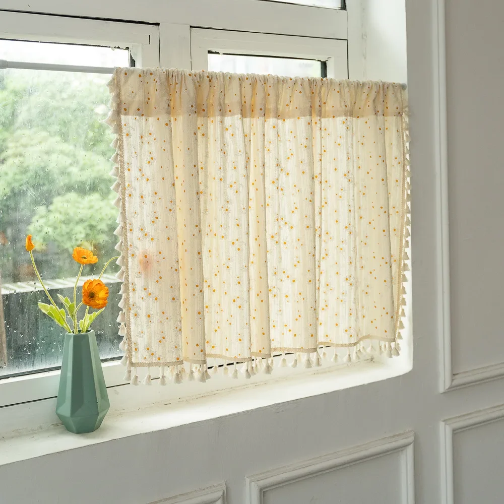 (071) Finished Pure Cotton Kitchen Short Curtain Floating Window Half