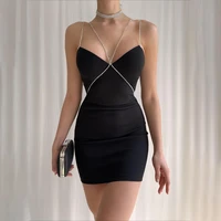 summer womens solid red black sleeveless spaghetti strap backless chain party clubwear skinny sling dress