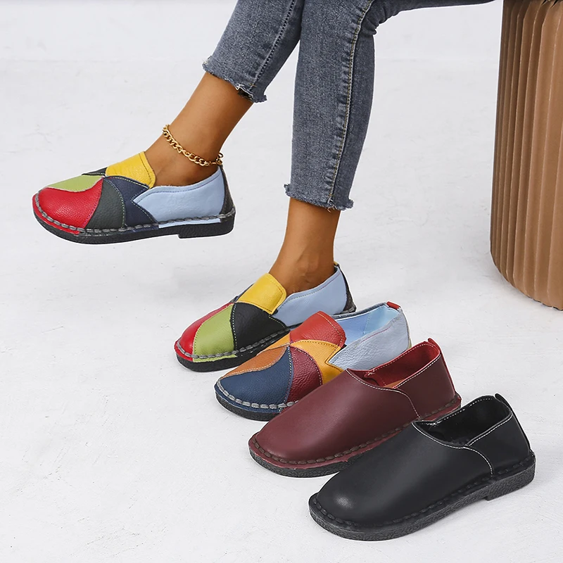 Women Loafers Patches Stitching Flat Shoes Woman Summer Flats Soft Candy Colors Genuine Leather Moccasins Loafers