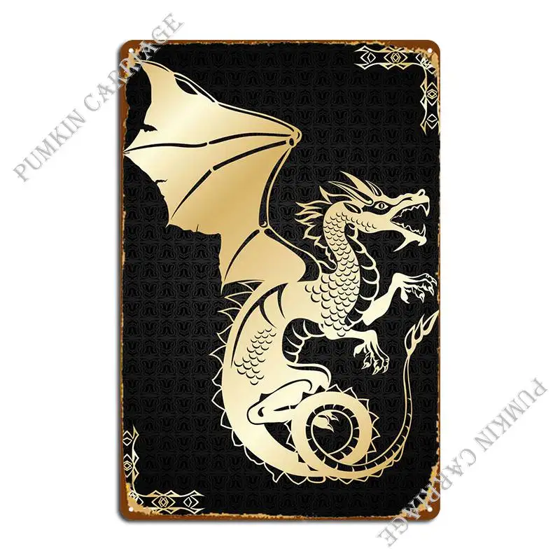 

Металлический плакат с изображением золотого азиатского дракона