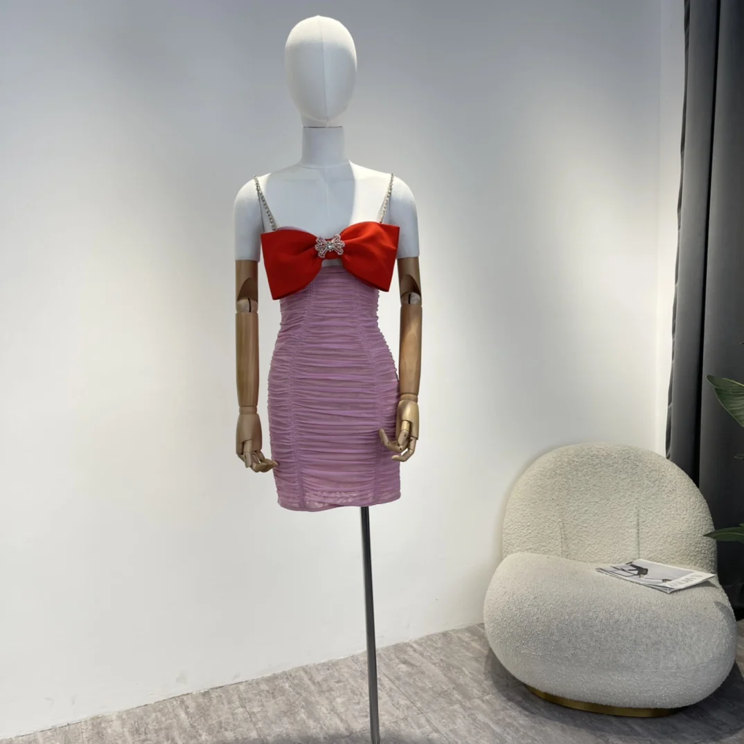 2022 Summer New Red Big Bow Crystal Beads Pink Pleated Tulle Slim Retro Mini Dresses for Women