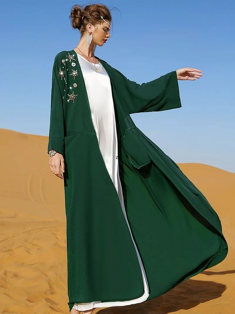 Snowflake Kaftan Moroccan Embroidered Caftan Arabic Long Dress Women Handsewn Rhinestones Muslim Kimono Dubai Open Abaya Green