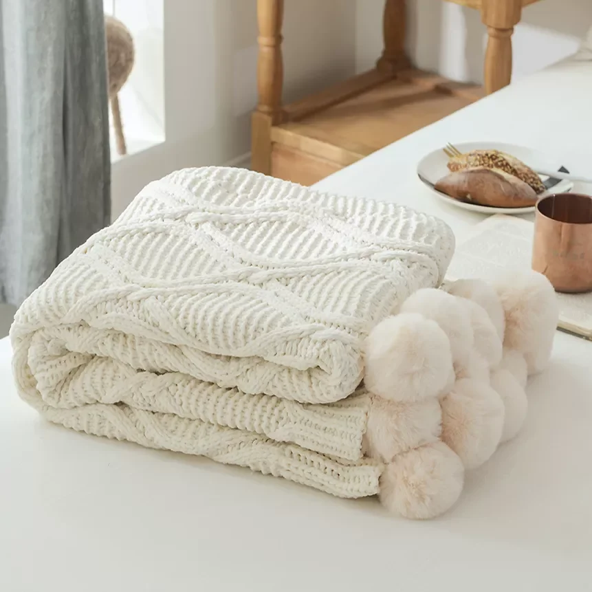 

Chic Knitted Blanket With Balls Chenille Crochet Warm Bedspread Pink Throw Blankets for Bed Sofa P