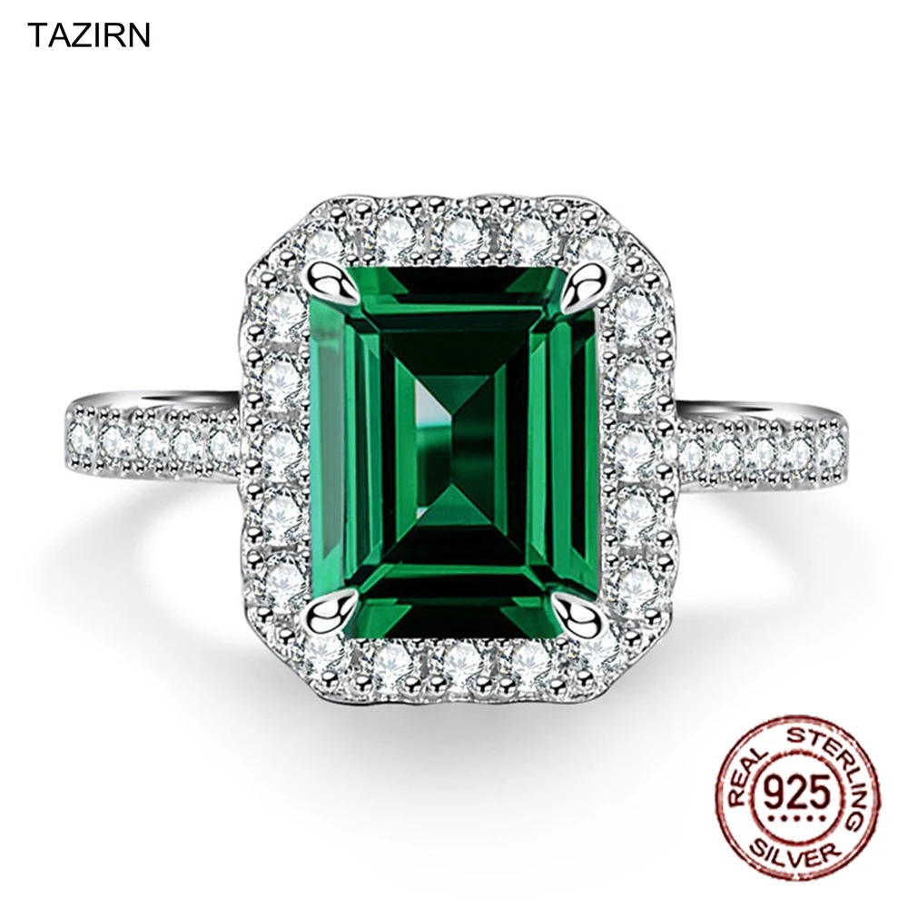 

TAZIRN Vintage S925 Sterling Silver Emerald Ring for Women 5A Zirconia Engagement Wedding Rings Fashion Jewelry Accessories Gift