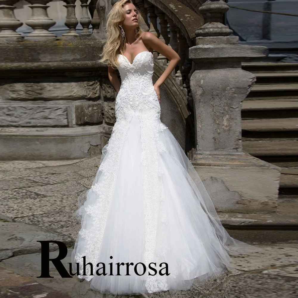 

Ruhair Pastrol Sweetheart Mermaid Sheath Sleeveless Wedding Dresses For Women Appliques Lace Vestidos De Novia Formal Bride Gown