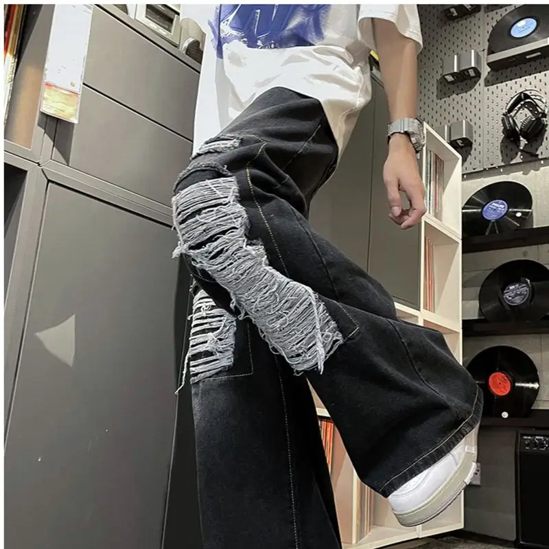 y2k Jeans 2023 New Korean Edition Broken Hole Design Senses the Streetwear hip hop  Wide Leg Jean for Men Straight Male Trousers