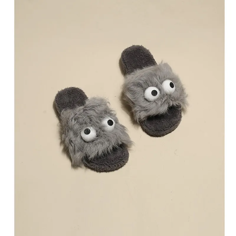 

Women's Men's Wool Thick Soled Slippers Autumn Winter New Indoor Home Plush Slippers Funny Modelling Ladies Open Toe Flat Shoes