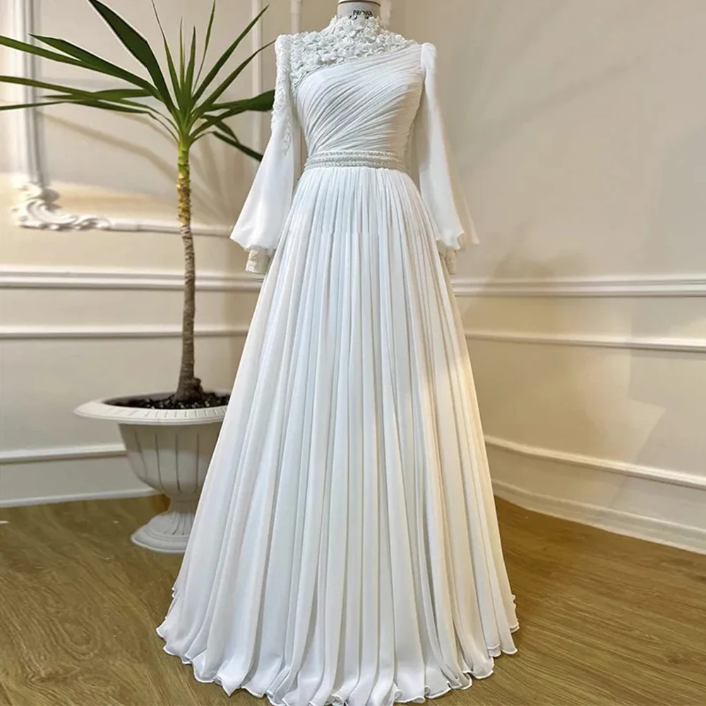 

Женское вечернее платье с 3D цветами, белое платье в мусульманском стиле, роскошное свадебное платье в арабском стиле, 2023