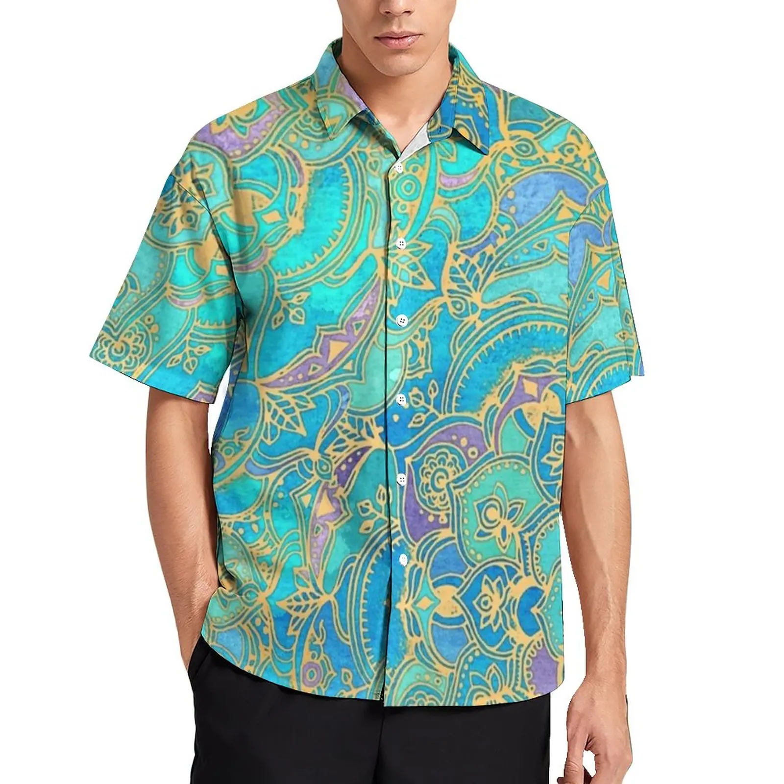 

Пляжная рубашка в стиле ретро с металлическим золотом, Гавайские повседневные рубашки в стиле бохо с мандалами, мужские эстетичные блузки, ...