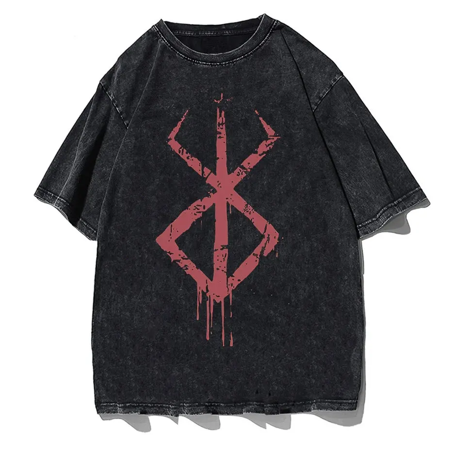 

Anime Berserk Tshirt Vintage 90s Hip Hop Guts Print T Shirt Women Men Washed 100% Cotton Tops Tees Streetwear T-shirts Retro