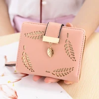 women short wallet leaves hollow soft pu leather female zipper hasp purse ladies small money bag credit card holder wholesale