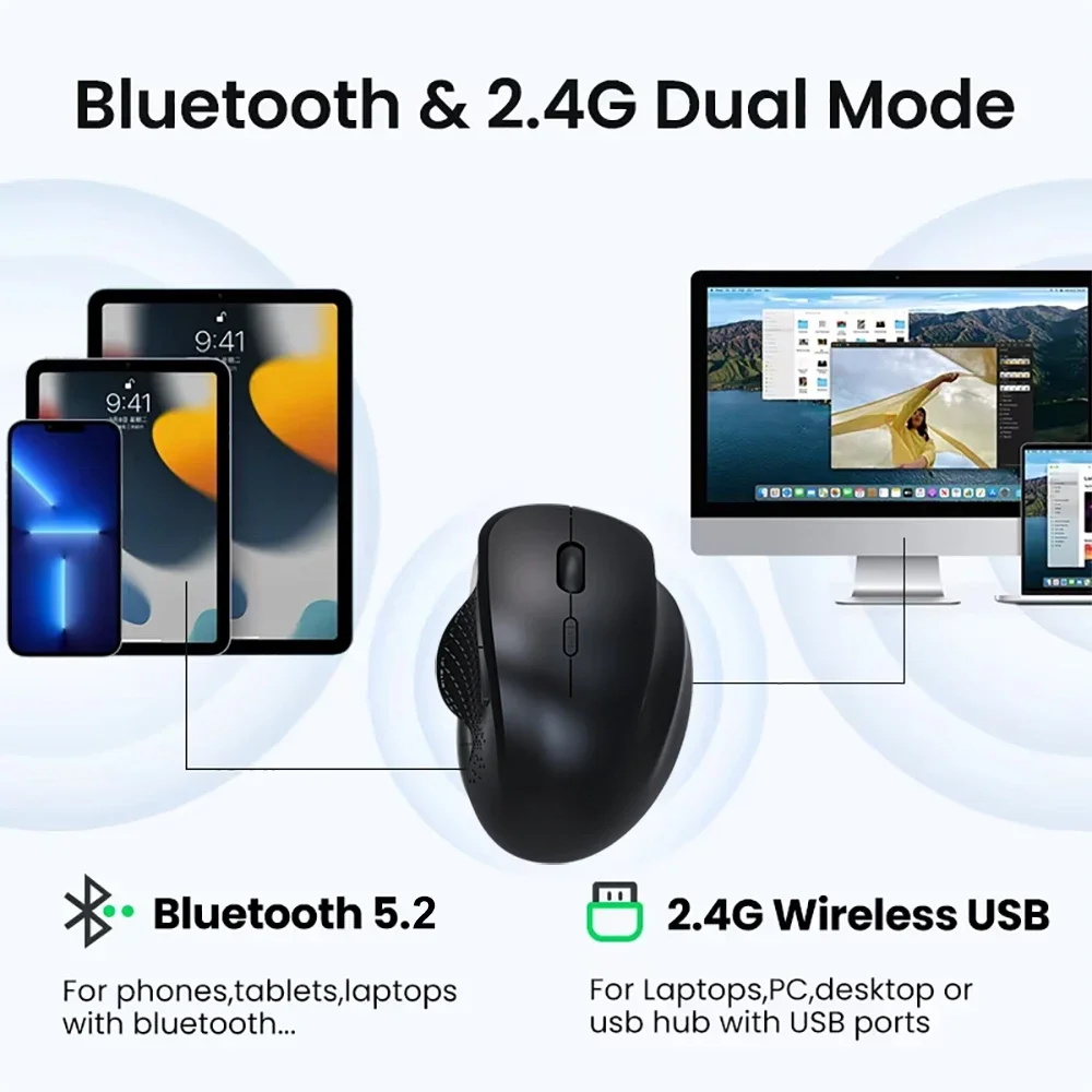 Фото Мышь Bluetooth 5,2 2,4G Беспроводная мышь 6 клавиш Двухрежимная перезаряжаемая игровая мышь 1600 точек на дюйм Оптическая мышь для ПК Ноутбук Планшет №3