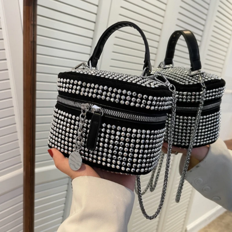 

Luxury Rhinestones Cute Box Mini Crossbody Sling Bag for Women 2022 New Female Chain Brand Shoulder Handbag and Purses