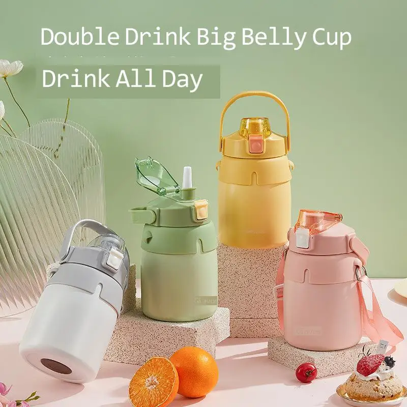 

Термос большой емкости из нержавеющей стали, милая портативная кружка с соломинкой и красным животом, уличная Студенческая чашка