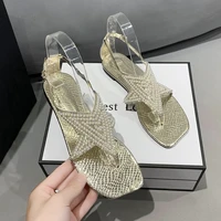 summer new bright diamond shoes female cross straps anklet style open toe sandals linen flat shoes womens shoes tide