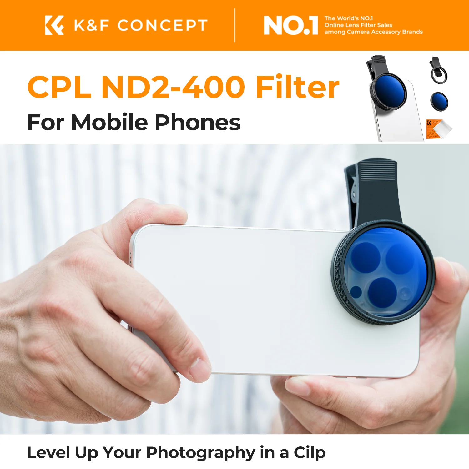 Фото K&F CONCEPT Комплект светофильтров для объектива смартфона 52 мм клипсовый регулируемый от 1 до 9 стопов ND 2-400 или CPL для iP №1