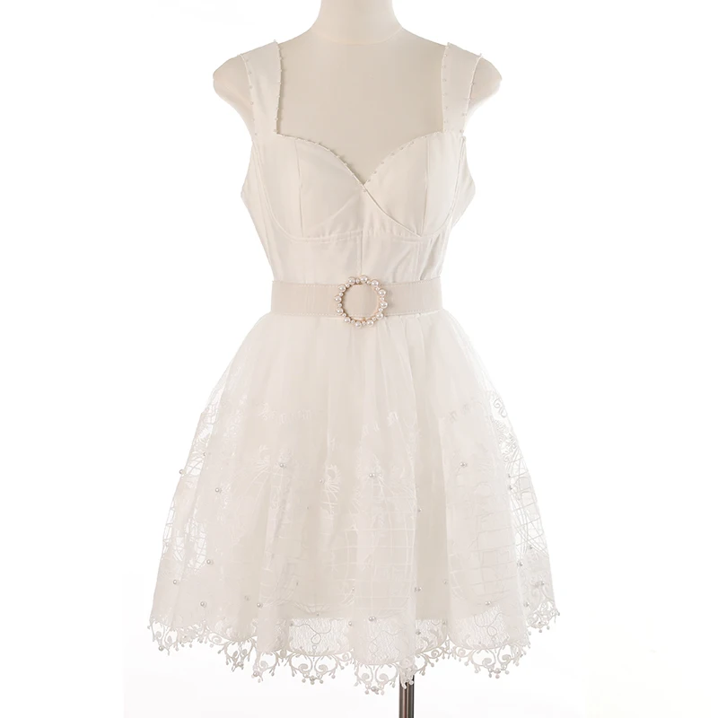 PHOEBE HZ White Camisole Dress Summer Beading Material Design Lace Floral Goddess Ball Gown Sweet Temperament Mesh Skirt Girl