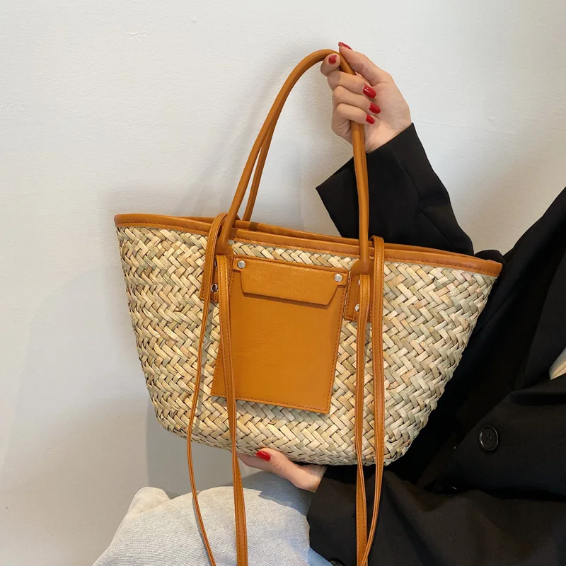 

Popular Retro Woven Portable Ladies Bag 2021Summer New Large-Capacity Vegetable Basket Korean Fashion One-Shoulder Messenger Bag