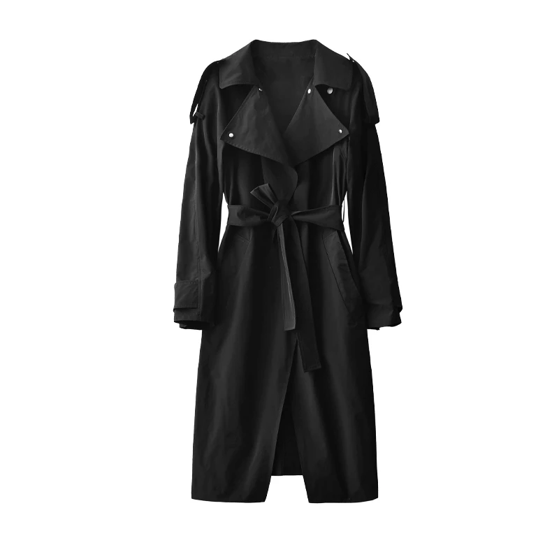 

Design Trench Coat Black Office Lady Long Belt Spring/Autumn Coats and Jackets Women Adjustable Waist Wide-waisted