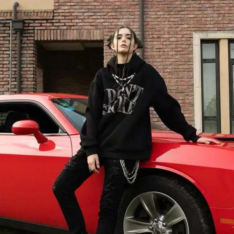 

Gothic letters hot drilling women's hoodie 2022 new Y2K street fashion brand sweatshirt oversized loose casual hoodie top women