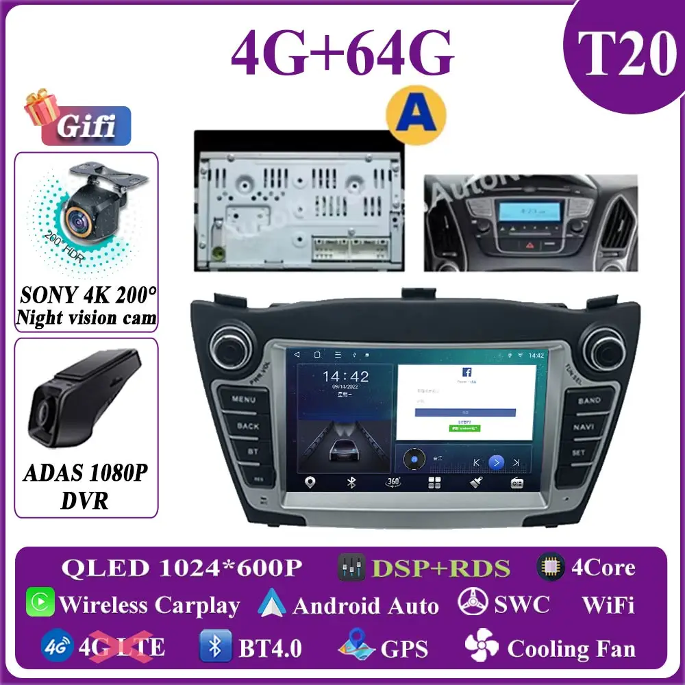 

Мультимедийный радиоприемник Android 14, автомобильный плеер, GPS-навигация, DVD NO 2DIN для Hyundai IX35 Tucson 2 LM 2009-2015, экран головного устройства QLED