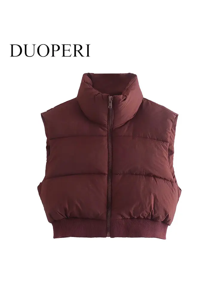 

DUOPERI Women Fashion Solid Cropped Vest Front Zipper Vintage High Neck Sleeveless Jacket Chic Lady Warm Waistcoat Outfits