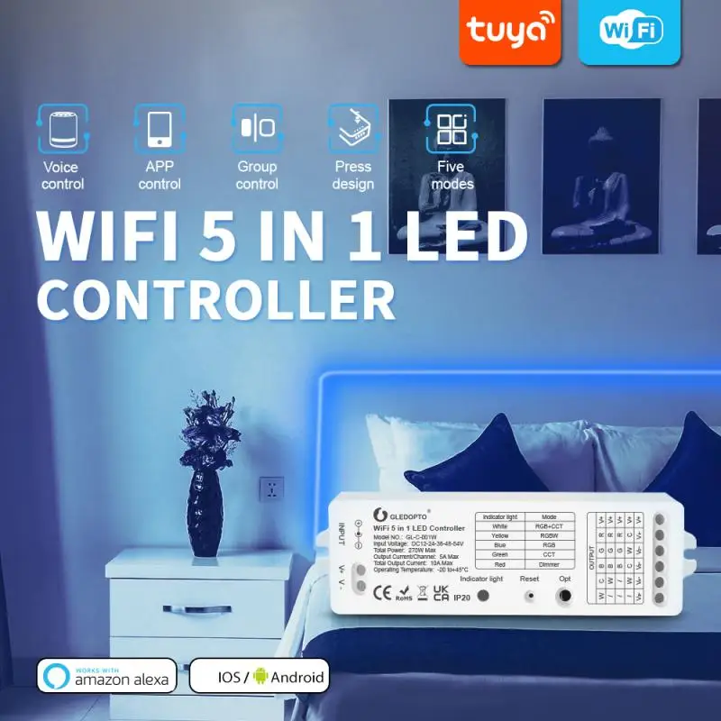 

Светодиодный Wi-Fi контроллер с голосовым управлением, Регулируемый переключатель яркости, управление через приложение, Tuya 5 в 1, Радиочастотный пульт дистанционного управления, световой контроллер «сделай сам»