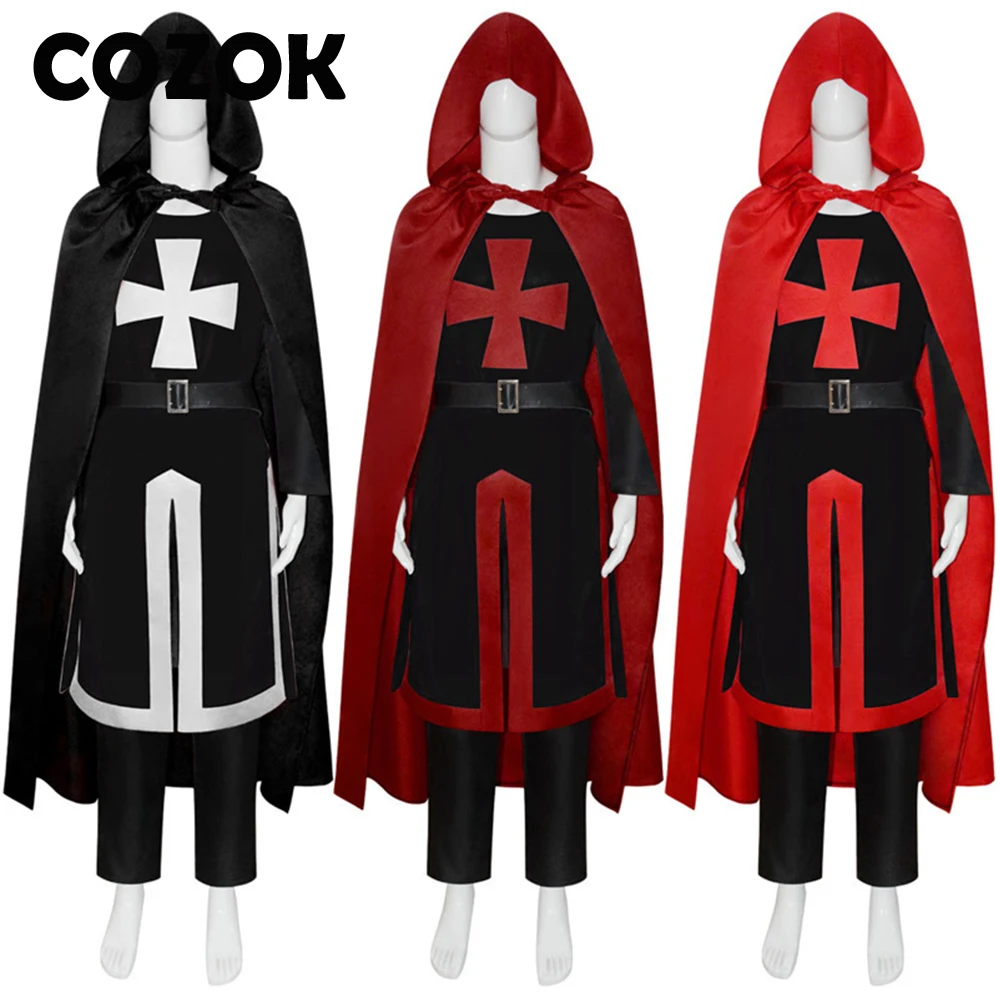 

COZOK Mens Medieval Crusader Knights Templar Tunic Costumes Renaissance Halloween Surcoat Warrior Black Plague Cloak Cosplay Top
