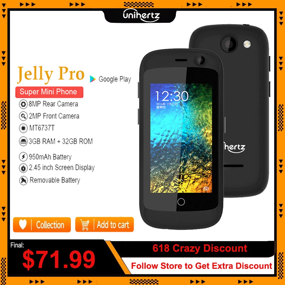 Unihertz Jelly Pro Super Mini 4G Smartphone Quad Core 3GB 32GB Android 8.1 Unlocked Mobile Phone 2MP 8MP Camera 950mAh Cellphone