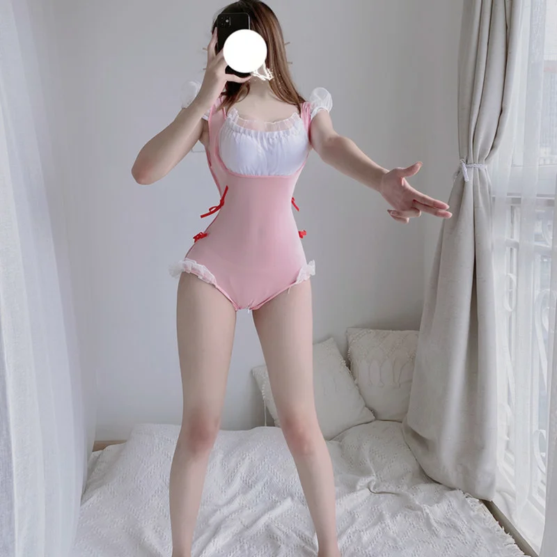 

Соблазнительное Эротическое нижнее белье, цельный костюм горничной с листьями лотоса, с открытой промежностью, соблазнительный костюм при...