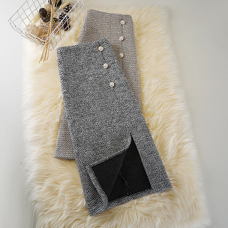 

Striped Woolen Skirt For Women Autumn Winter High waist Small Fragrance Retro Knee Length Split A-line