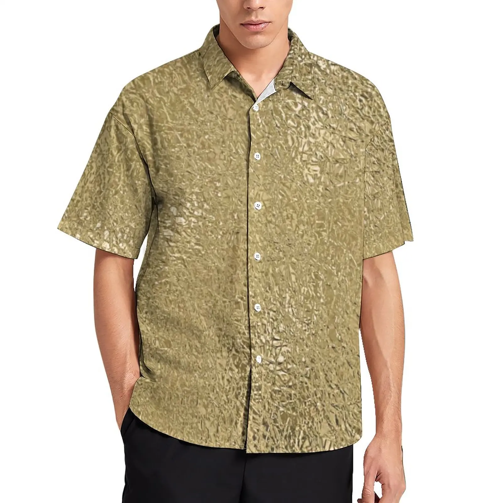 

Gold Faux Metallic Print Casual Shirt Men Golden Vacation Shirt Hawaiian Aesthetic Blouses Short Sleeve Custom Oversized Clothes
