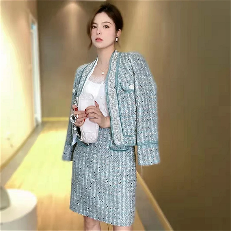 

Korea 2021 New Fashion Fall Winter Women Full Sleeve Pearls Diamonds Beading Tweed Coat + Spliced Slit Two Piece Skirt Set