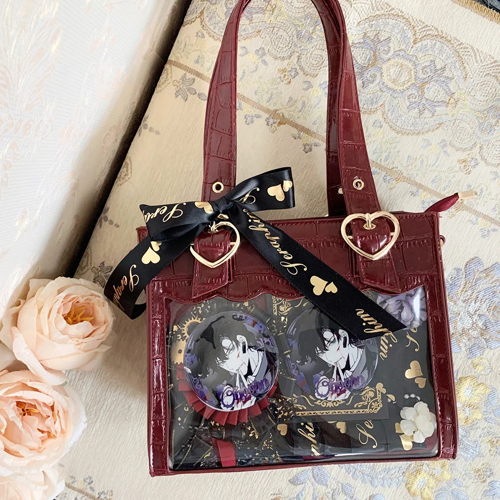 

Lolita Ribbon Handbags For Women New Japanese Style Kawaii Crossbody Shoulder Bags Stylish Chic Point Pu Leather Transparent Bag