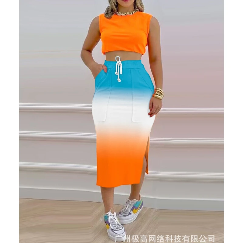 

Women Sleeveless Vest Camis Tanks Tops Spring Summer Long Skirt Sexy Crop Tank Top & Ombre Drawstring Skirt Set