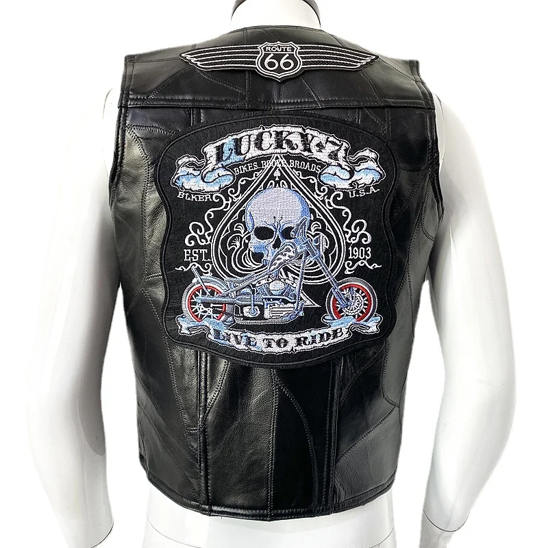 

Motorcycle Biker Leather Waistcoat Vest Fashion Skull Sleeveless Jacket Four Seasons Embroidery Locomotive Punk Veste for Man